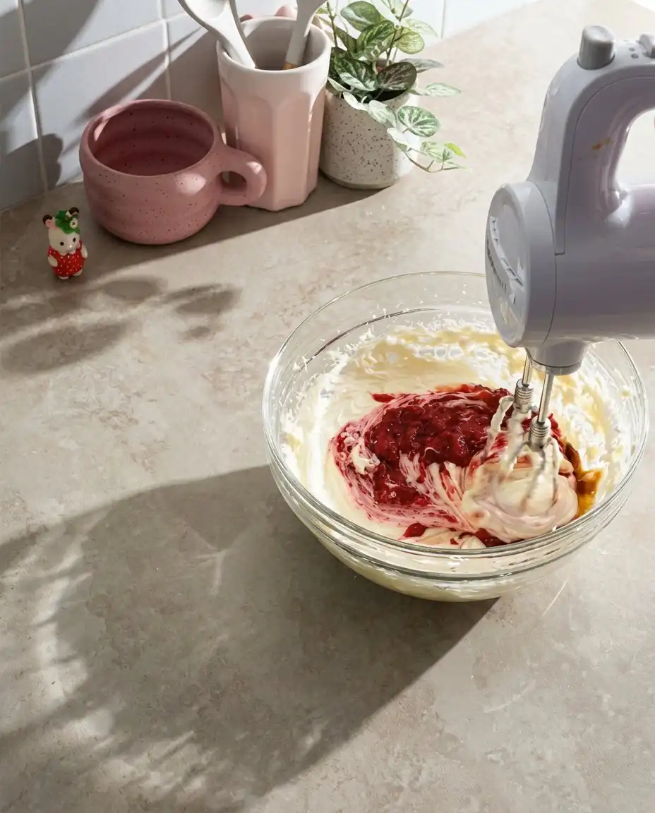 Bowls of cocoa powder, fresh strawberries, and flour on a kitchen counter