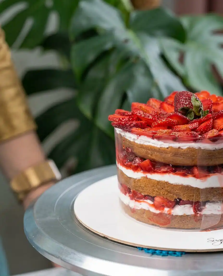 A single slice of Strawberry Vanilla Cake showing the internal fruit layers.