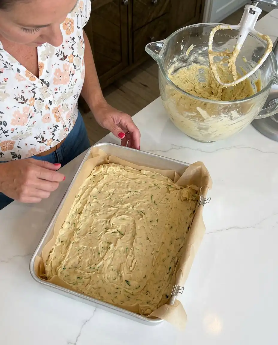 Adding clumps of cinnamon streusel to raw zucchini cake batter