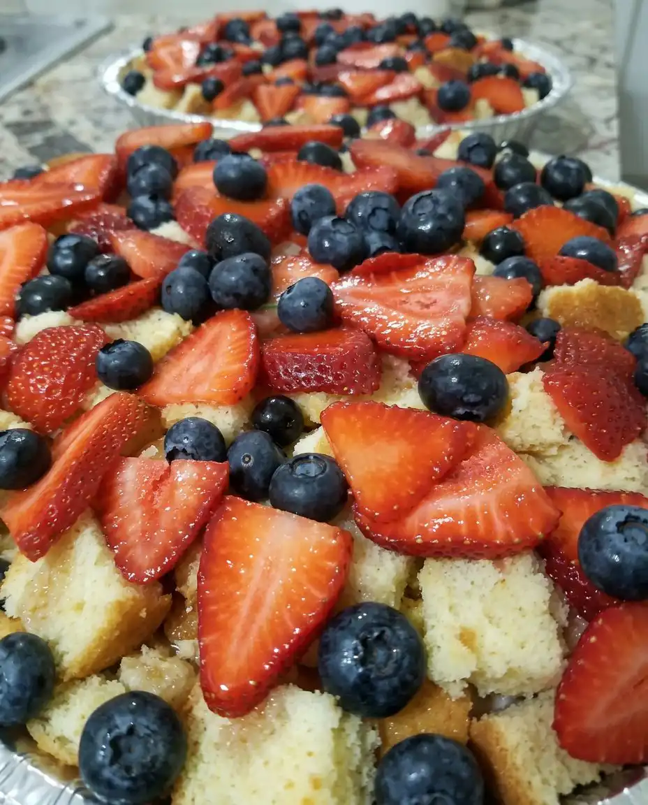 Fresh strawberries, blueberries, cubed angel food cake, and white chocolate pudding gathered for trifle assembly.