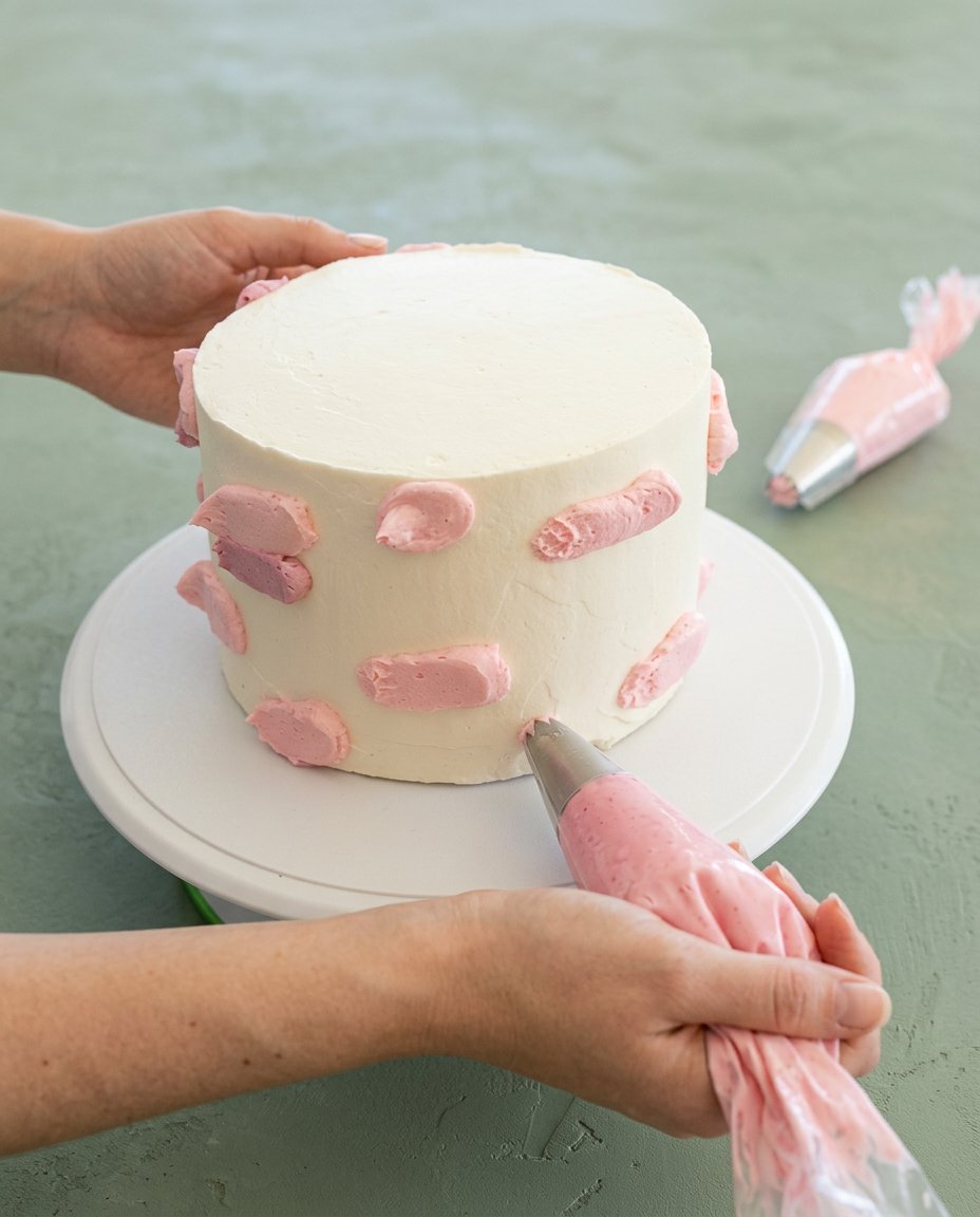 Using an icing smoother on a Two-Layer Watercolor Buttercream Cake.
