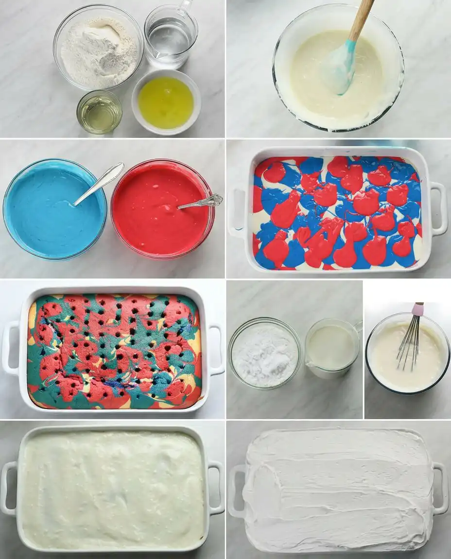 Cake mix, pudding, heavy cream, and food coloring gathered on a wooden table