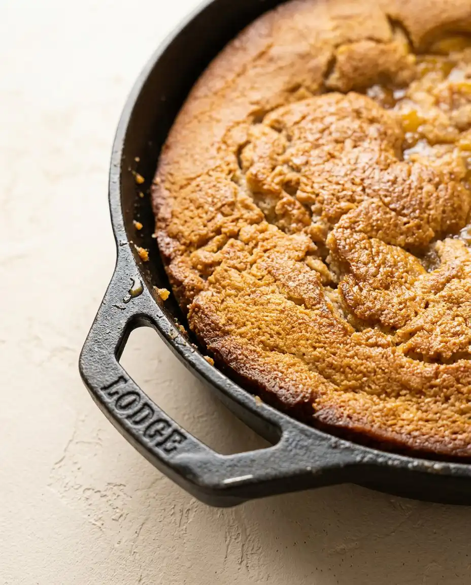 Classic Peach Cobbler Dump Cake 16 A serving of Classic Peach Cobbler Dump Cake in a white bowl with ice cream.
