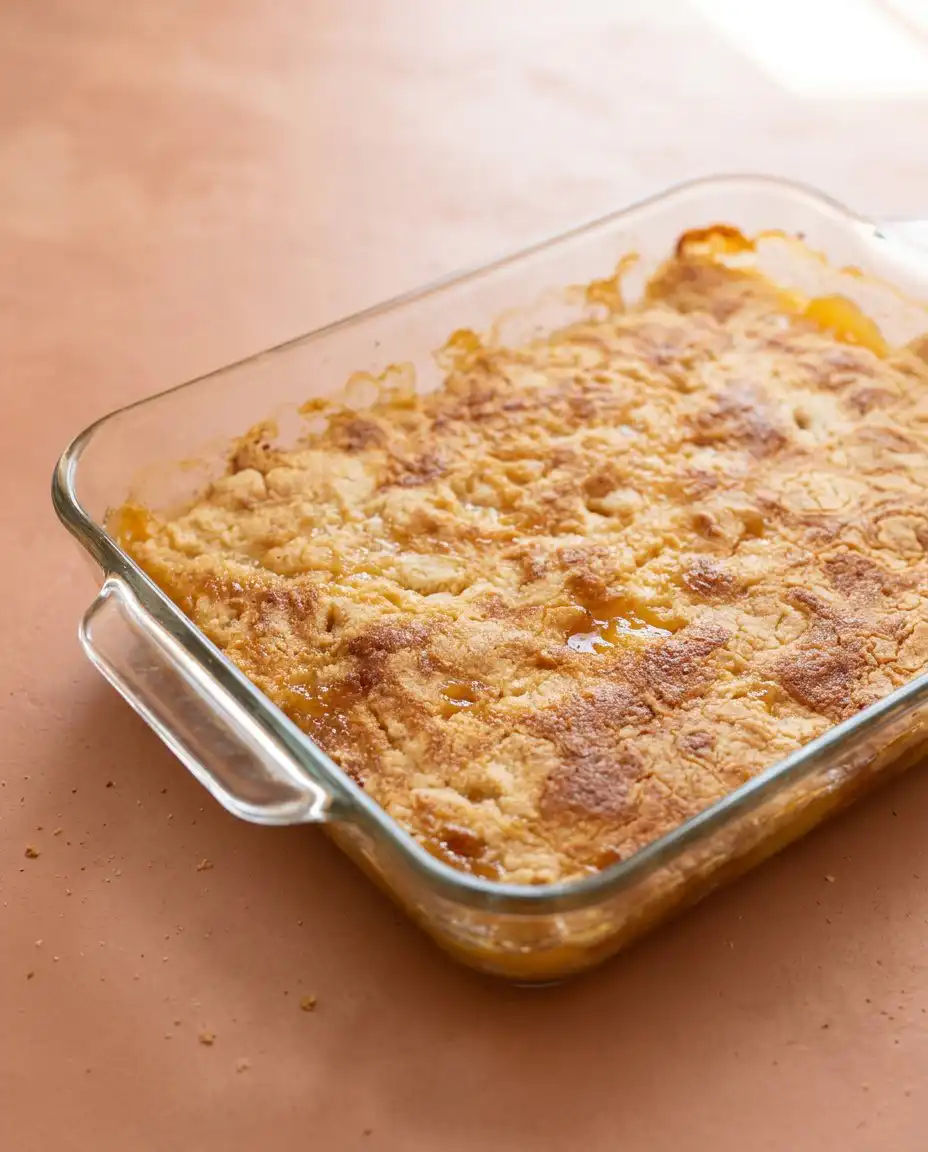 A bowl of warm Peach Cobbler with Yellow Cake Mix topped with melting vanilla ice cream.