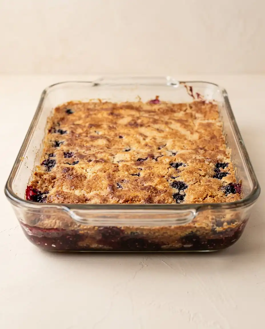 A warm serving of Blackberry Dump Cake with Cake Mix topped with fresh cream.