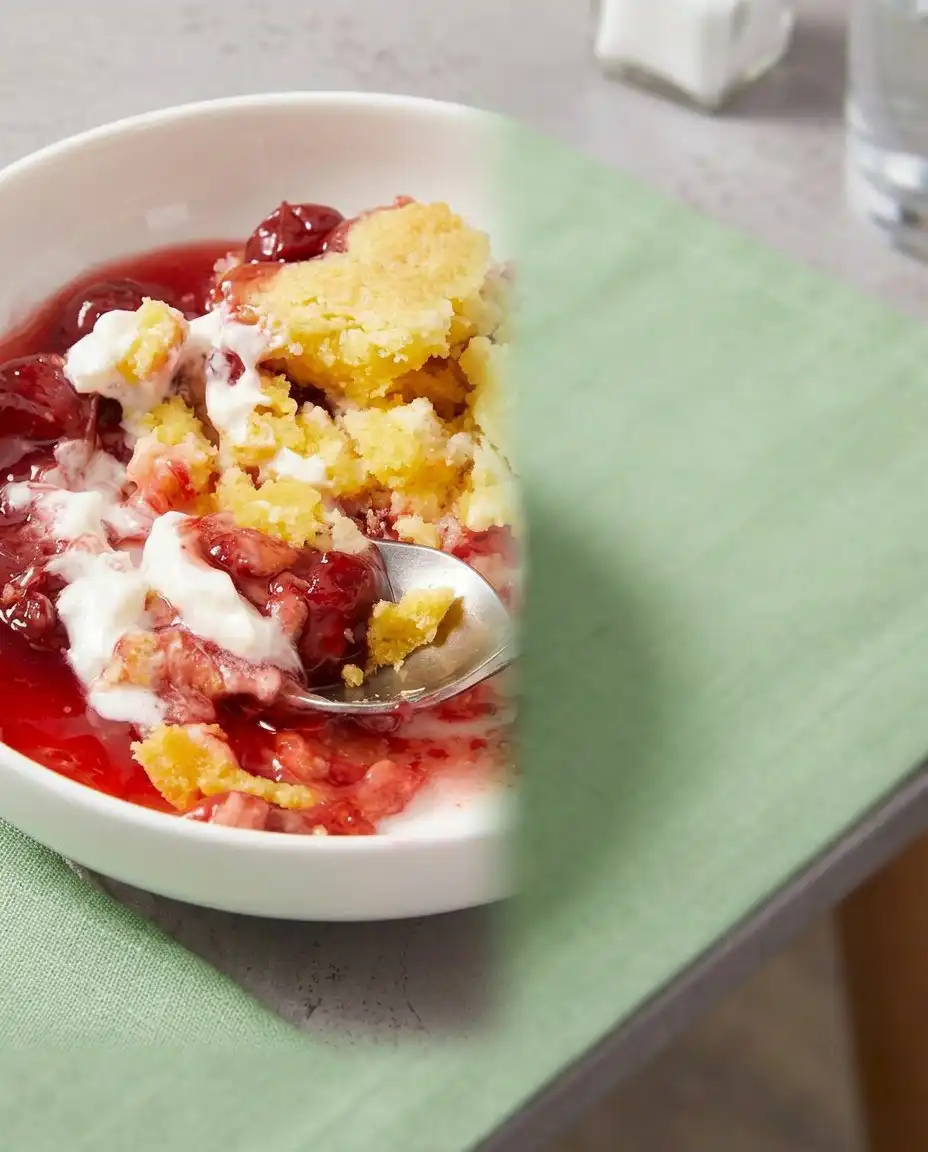A scoop of strawberry dump cake served with whipped cream