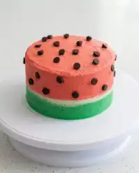 A vivid Smash Cake Made from Watermelon with pink swirls and black icing seeds on a white stand.