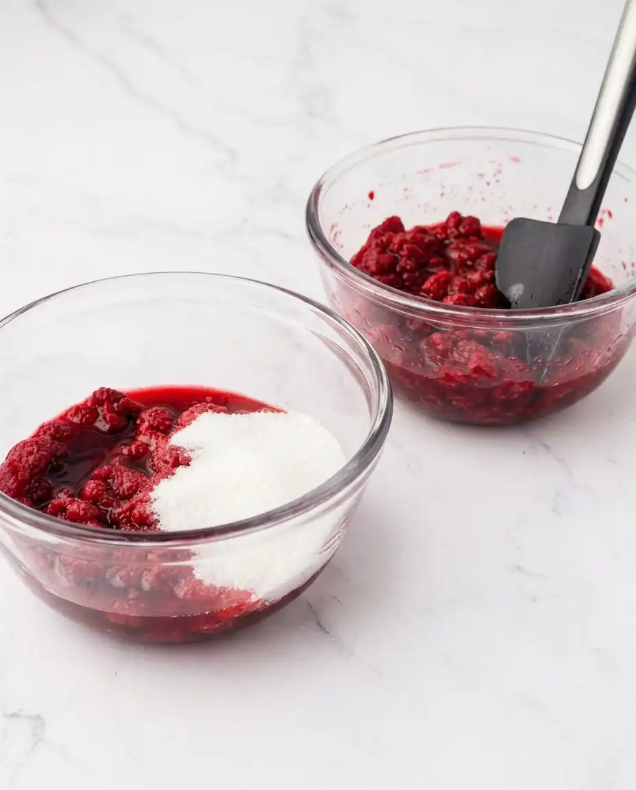 Hand folding pink raspberry juice and berries into stiff white whipped cream in a glass bowl