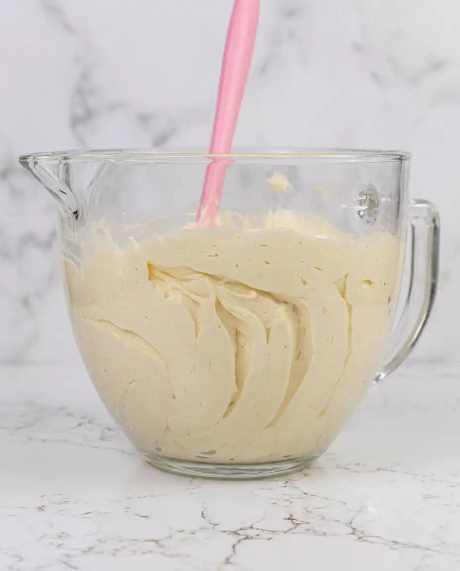 Close up of heavy cream being whipped into soft peaks in a metal bowl