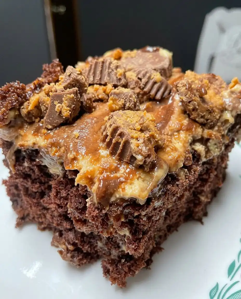 A hand using a wooden spoon to poke holes into a freshly baked chocolate sheet cake.