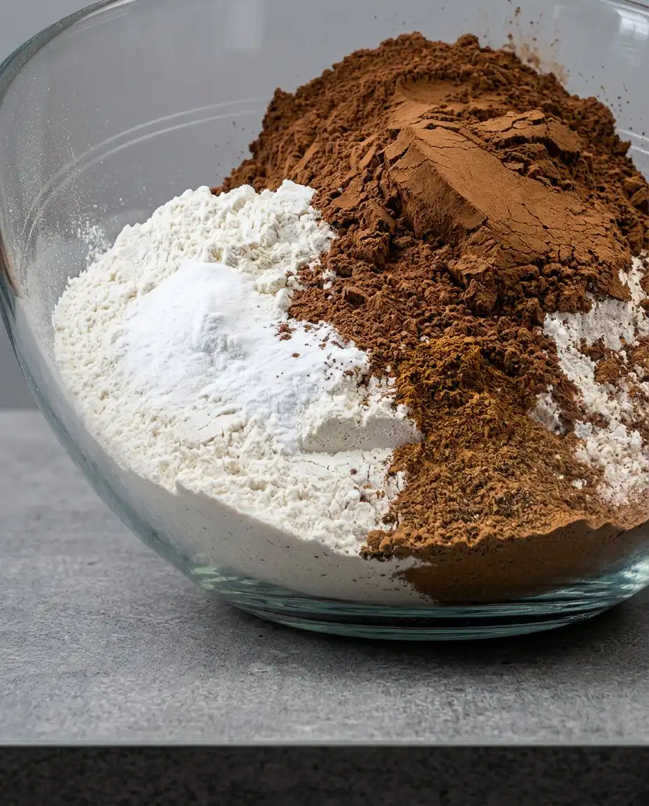 Ingredients for chocolate zucchini cake including cocoa powder, flour, and fresh zucchini
