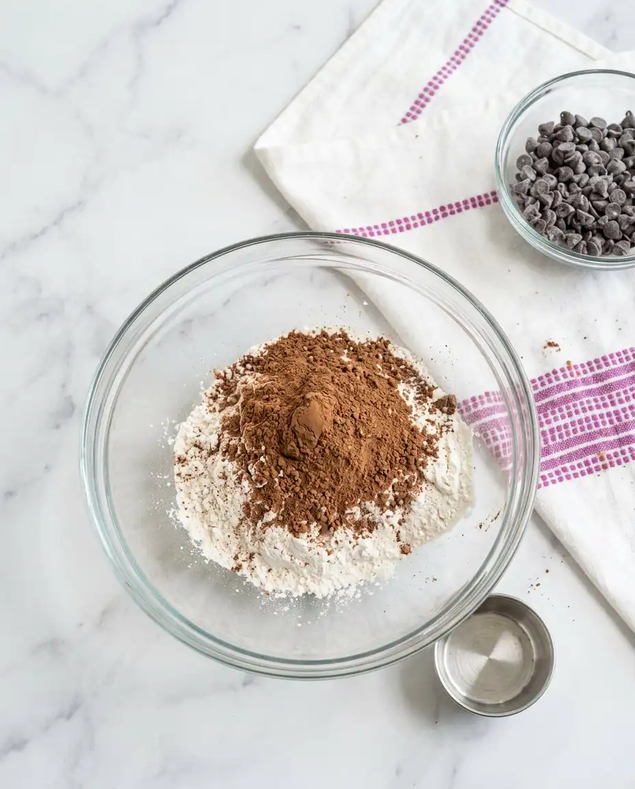 The ingredients for a chocolate zucchini cake with chocolate chips on a marble counter.