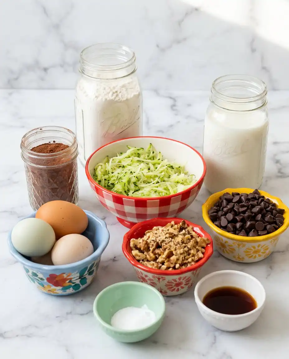 The lineup of ingredients for an Old-Fashioned Chocolate Zucchini Cake including shredded zucchini.