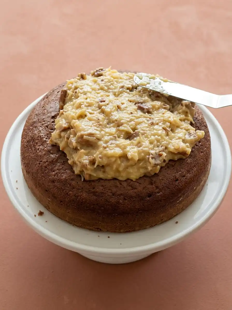Classic German Chocolate Cake with Coconut Pecan Frosting 16 A single slice of Classic German Chocolate Cake with Coconut Pecan Frosting shown on a clean plate.