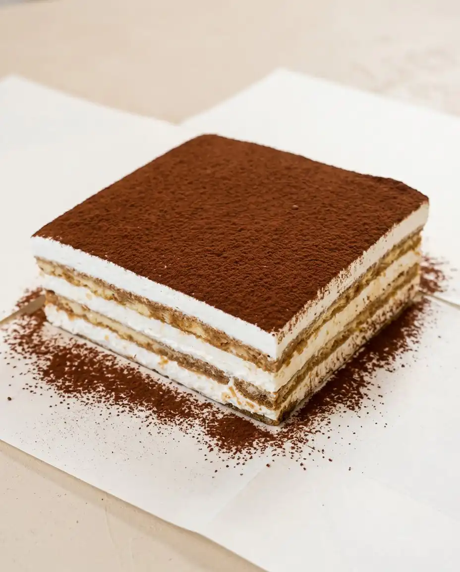 A single slice of Classic Tiramisu Layer Cake served on a delicate heirloom china plate.