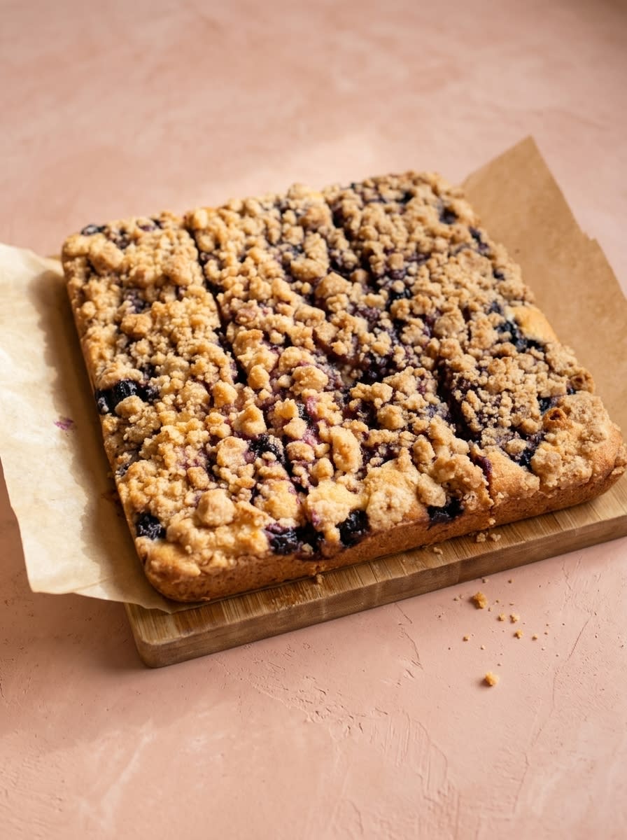 Classic Blueberry Coffee Crumb Cake 16 A beautiful cross-section slice of Classic Blueberry Coffee Crumb Cake on a ceramic plate with a fork.