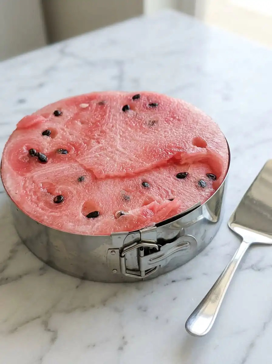 Watermelon and Berry Layer Cake 15 Drying watermelon rounds with paper towels while preparing the Watermelon and Berry Layer Cake