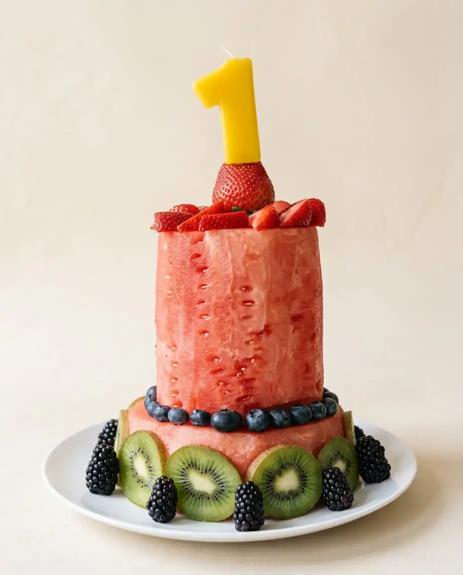 A baby enjoying their Baby's First Watermelon Yogurt Cake