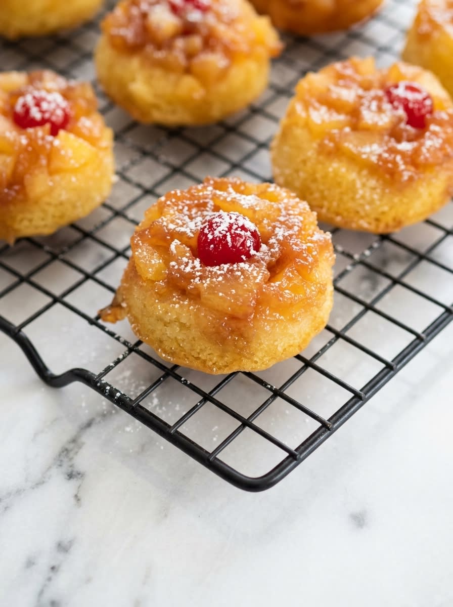 Pineapple Upside Down Cupcakes 12 A tray of fresh Pineapple Upside Down Cupcakes cooling on waxed paper after being flipped.