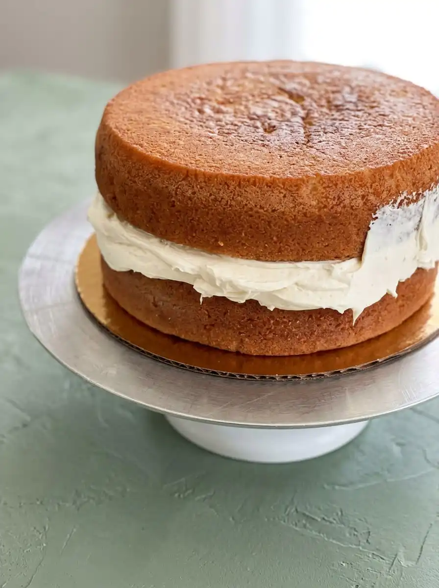 Two-Layer Naked Cake 15 A metallic bench scraper smoothing the buttercream on a rustic two-layer naked cake