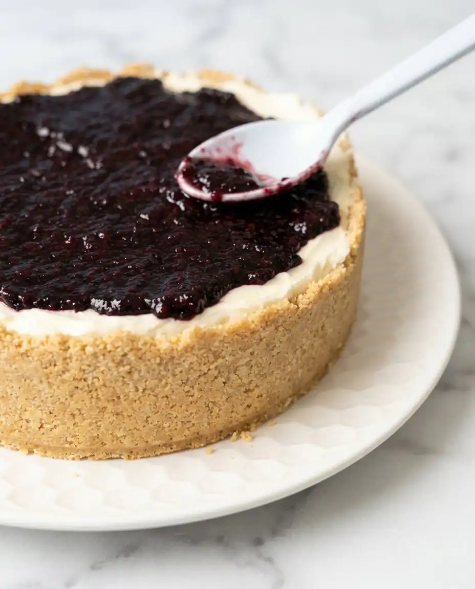 Blackberry Cream Cheese Cake 12 A beautiful Blackberry Cream Cheese Cake cooling on a rustic wooden table in a vintage kitchen.