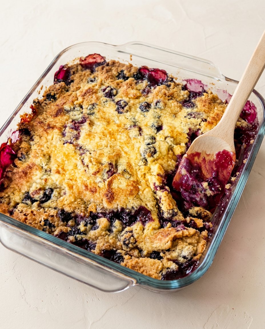 3-Ingredient Blueberry Dump Cake 16 A warm serving of 3-Ingredient Blueberry Dump Cake topped with melting vanilla ice cream.