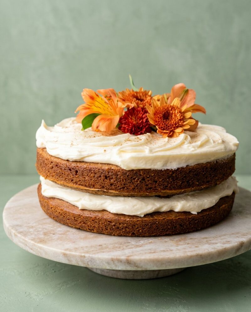Home - Cake Half - Small Batch Baking & Cupcakes 6 An elegant slice of Brown Butter Pumpkin Cake showing layers of pumpkin cake and dulce de leche.
