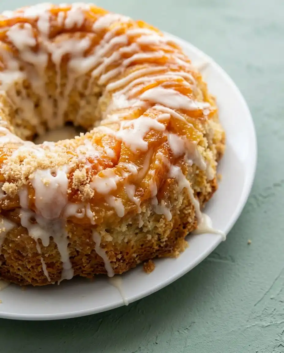 Buttery Peach Cobbler Pound Cake 12 A golden buttery peach cobbler pound cake sits cooling on a wire rack in a warm kitchen.