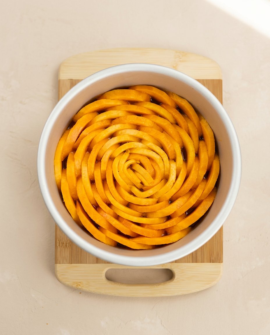 Slices of yellow mango laid over golden caramel in a square baking pan.