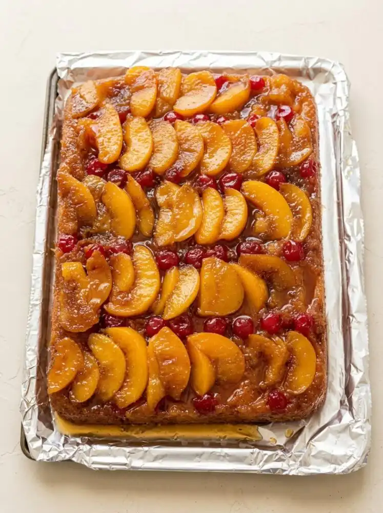 Home - Cake Half - Small Batch Baking & Cupcakes 8 Golden caramelized peach upside down cake with white box cake mix freshly baked in cast iron skillet