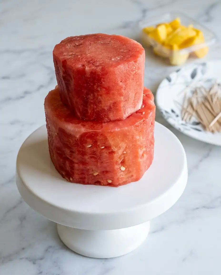 A chef carving a round cylinder layer for a Classic Watermelon Fruit Cake using a long sharp knife.