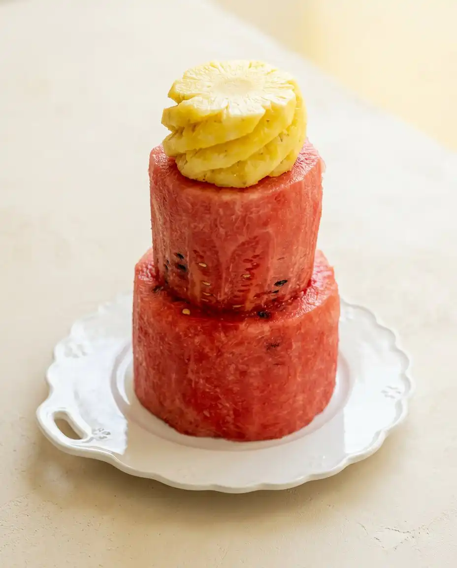Watermelon Fruit Cake Tower 15 A chef precisely carving a Watermelon Fruit Cake Tower slab to create perfect smooth edges