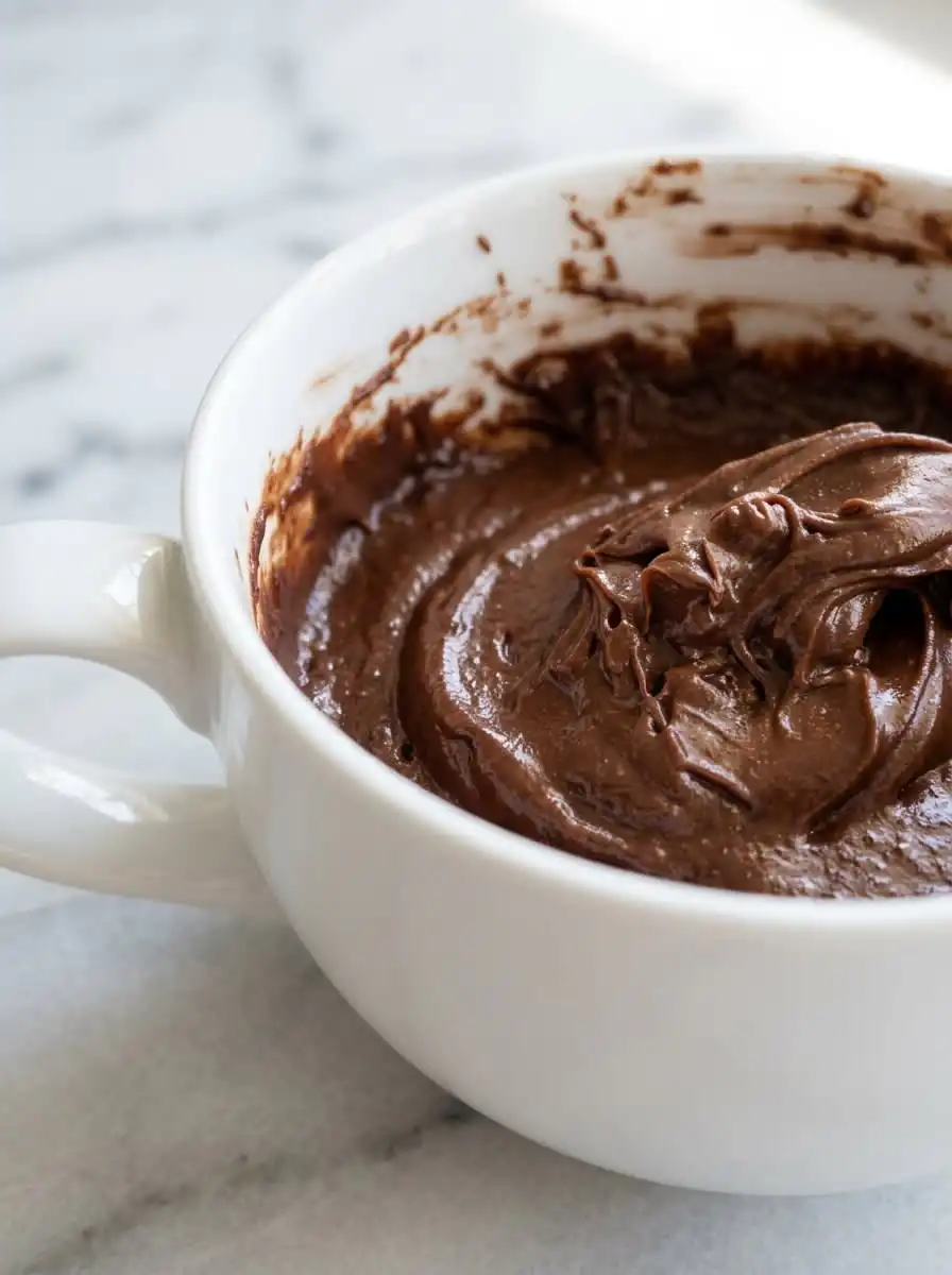Chocolate Lava Mug Cake 15 A hand gently touching the top of a Chocolate Lava Mug Cake to check if the edges are set.