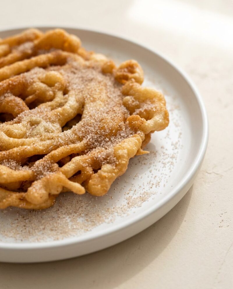 Home - Cake Half - Small Batch Baking & Cupcakes 4 Warm cinnamon sugar funnel cake bites served on a vintage plate in a heritage kitchen