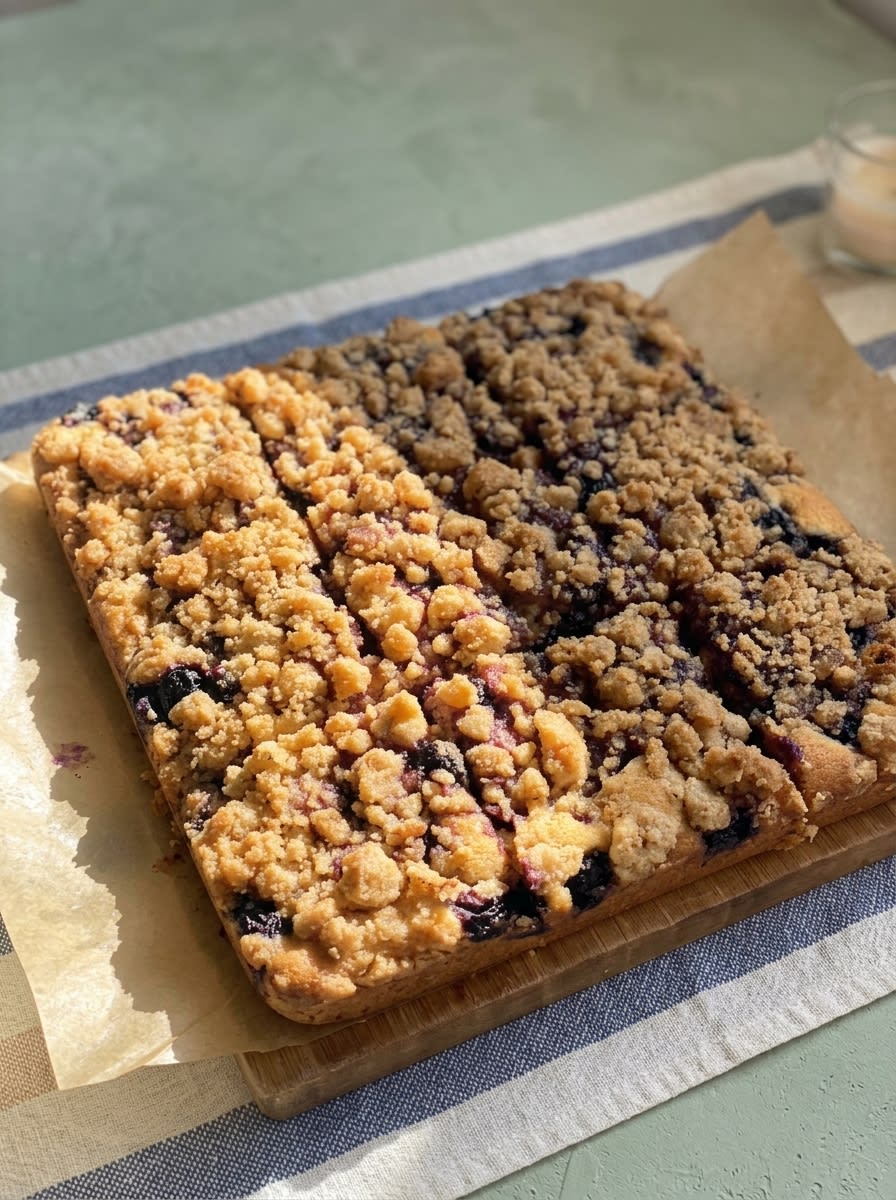 Classic Blueberry Coffee Crumb Cake 12 A freshly baked Classic Blueberry Coffee Crumb Cake in a square baking pan with a thick golden crumb topping.