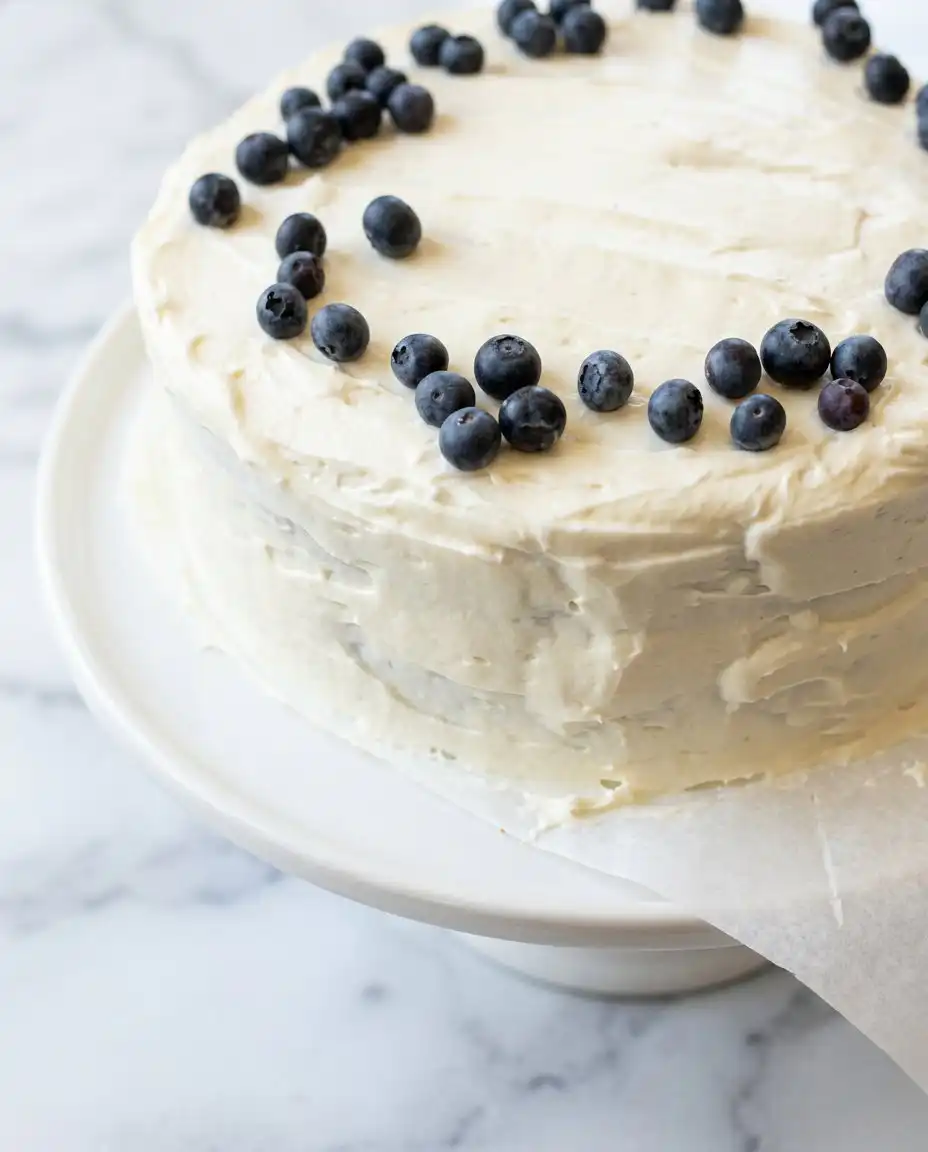 Classic Blueberry Layer Cake 12 A thick slice of Classic Blueberry Layer Cake showing the crumb structure and blue berries.