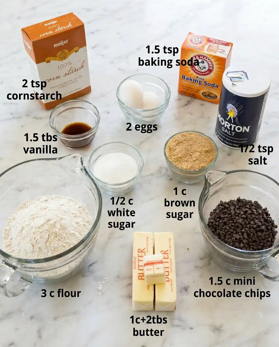 The ingredients for the Classic Chocolate Chip Cookie Cake arranged neatly in bowls