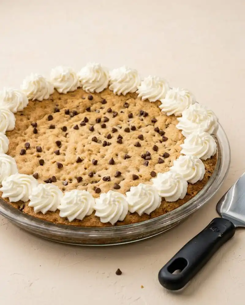 A beautifully baked Classic Chocolate Chip Cookie Cake with piped buttercream borders