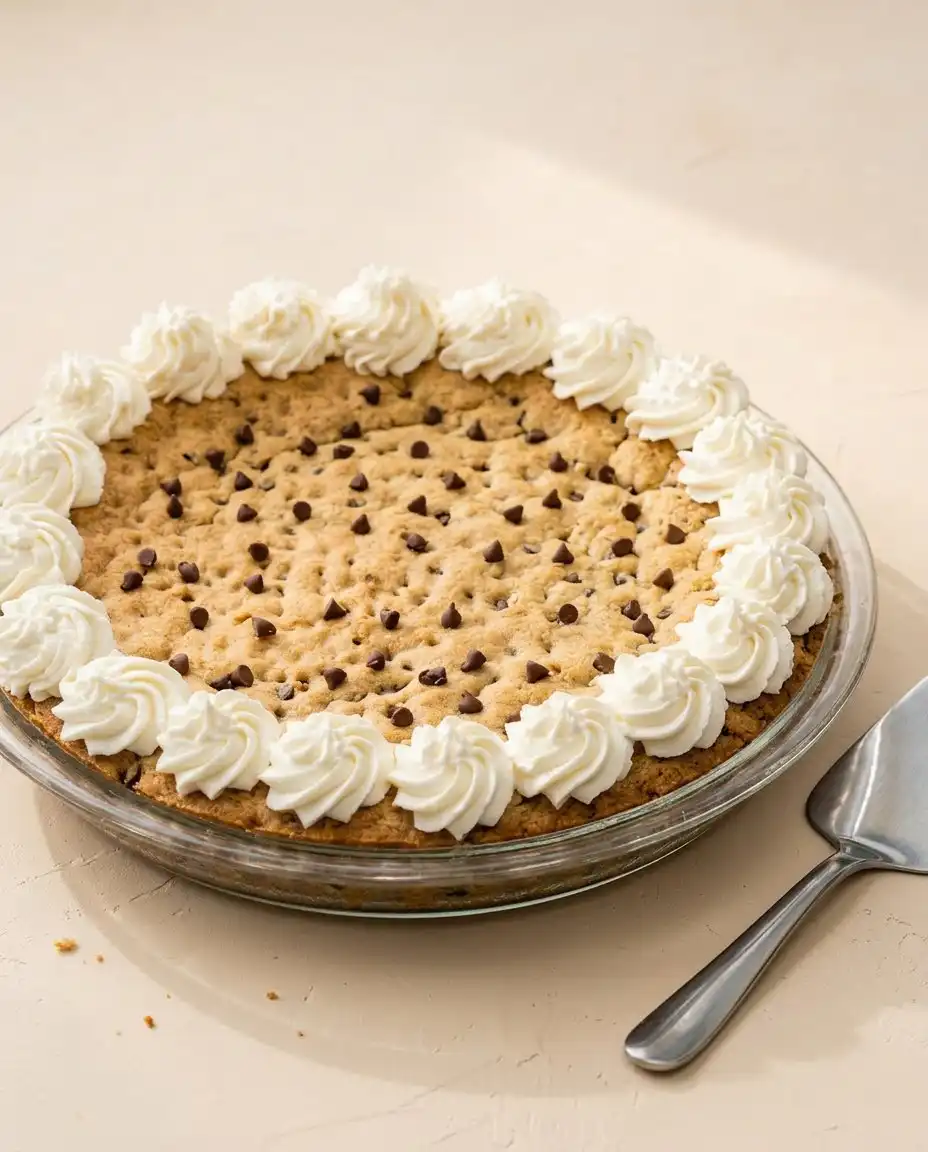 A sliced piece of Classic Chocolate Chip Cookie Cake served on a plate