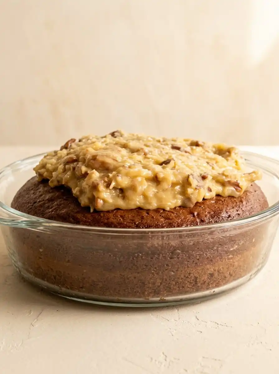 Classic German Chocolate Cake with Coconut Pecan Frosting 12 A Classic German Chocolate Cake with Coconut Pecan Frosting cooling on a vintage wire rack.