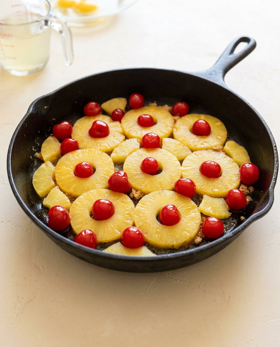 Cast Iron Skillet Pineapple Upside Down Cake 14 Pantry ingredients including pineapple rings, maraschino cherries, brown sugar, and flour for Cast Iron Skillet Pineapple Upside Down Cake.