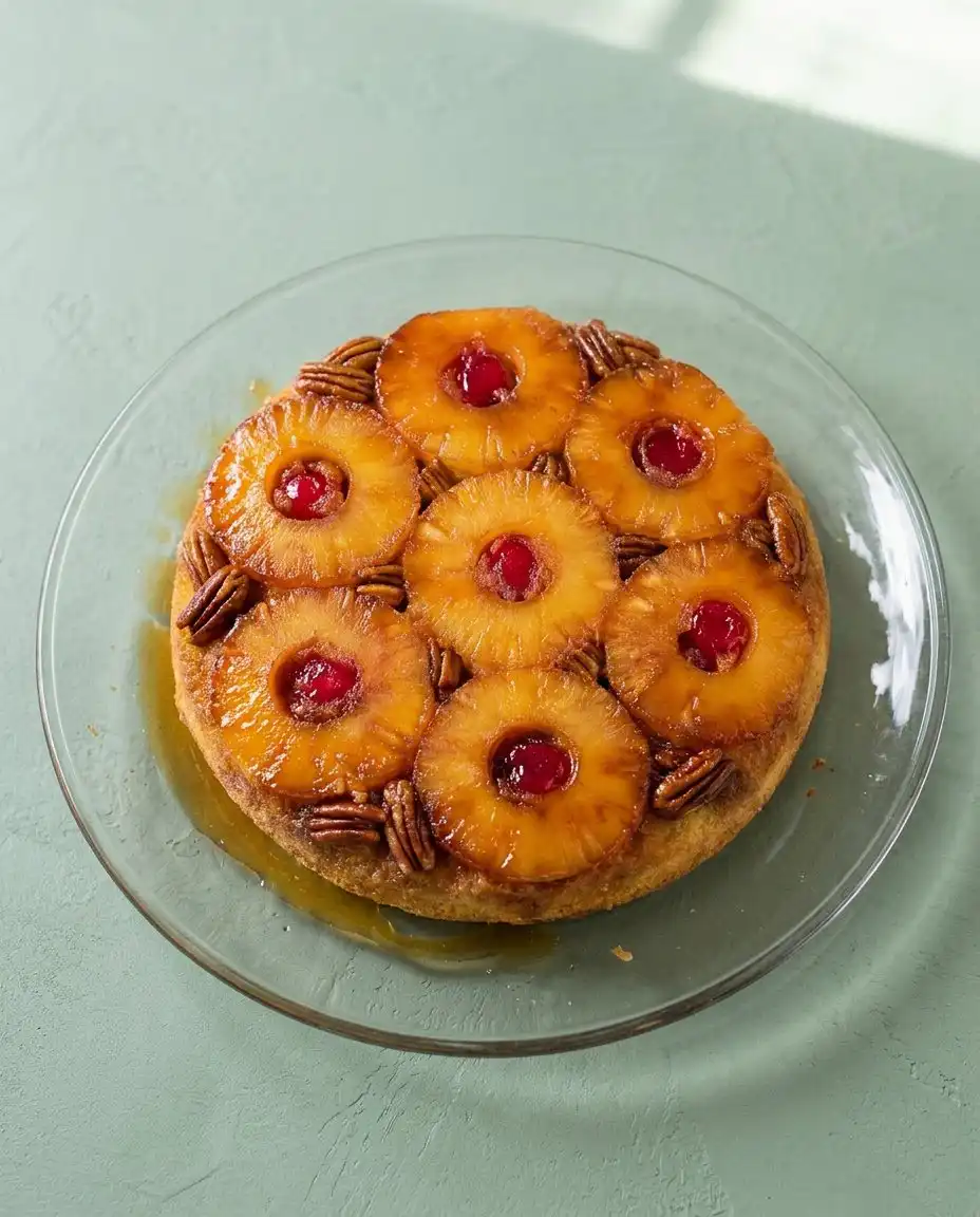 Classic Pineapple Upside Down Cake 16 A slice of Classic Pineapple Upside Down Cake served with a scoop of vanilla bean ice cream.