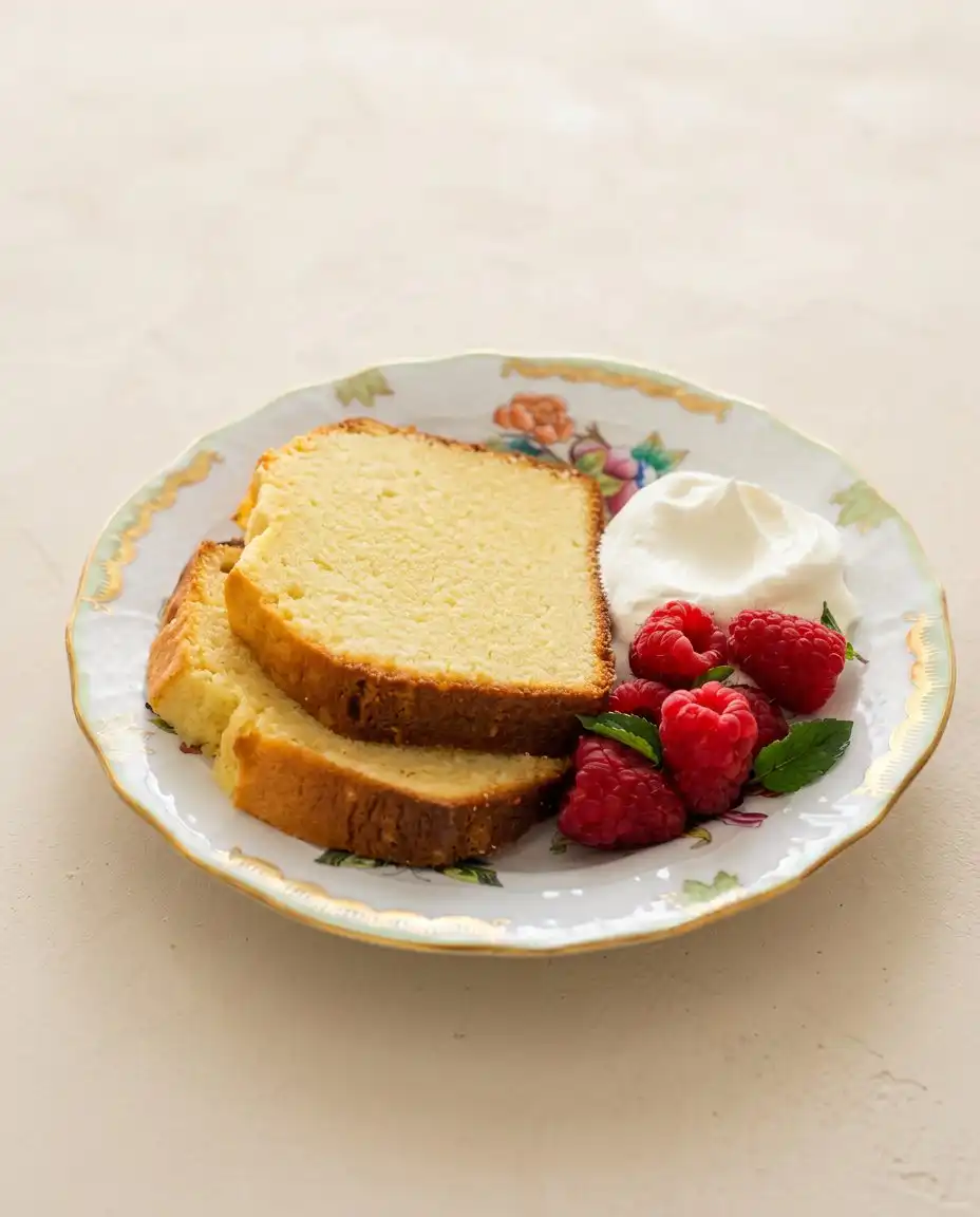 Classic Pound Cake 16 A slice of Classic Pound Cake served with whipped cream and fresh raspberries.