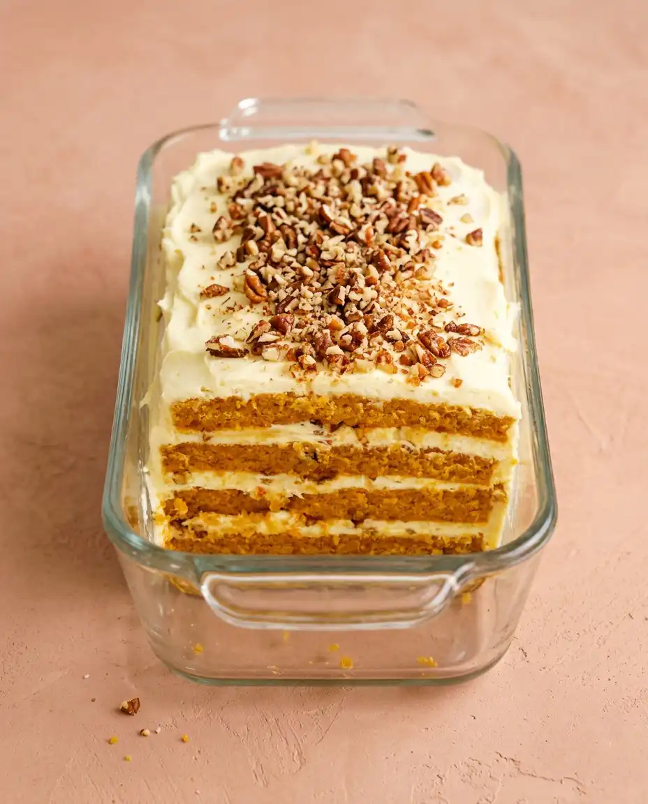 Dainty squares of Classic Pumpkin Layer Cake garnished with single toasted pecans