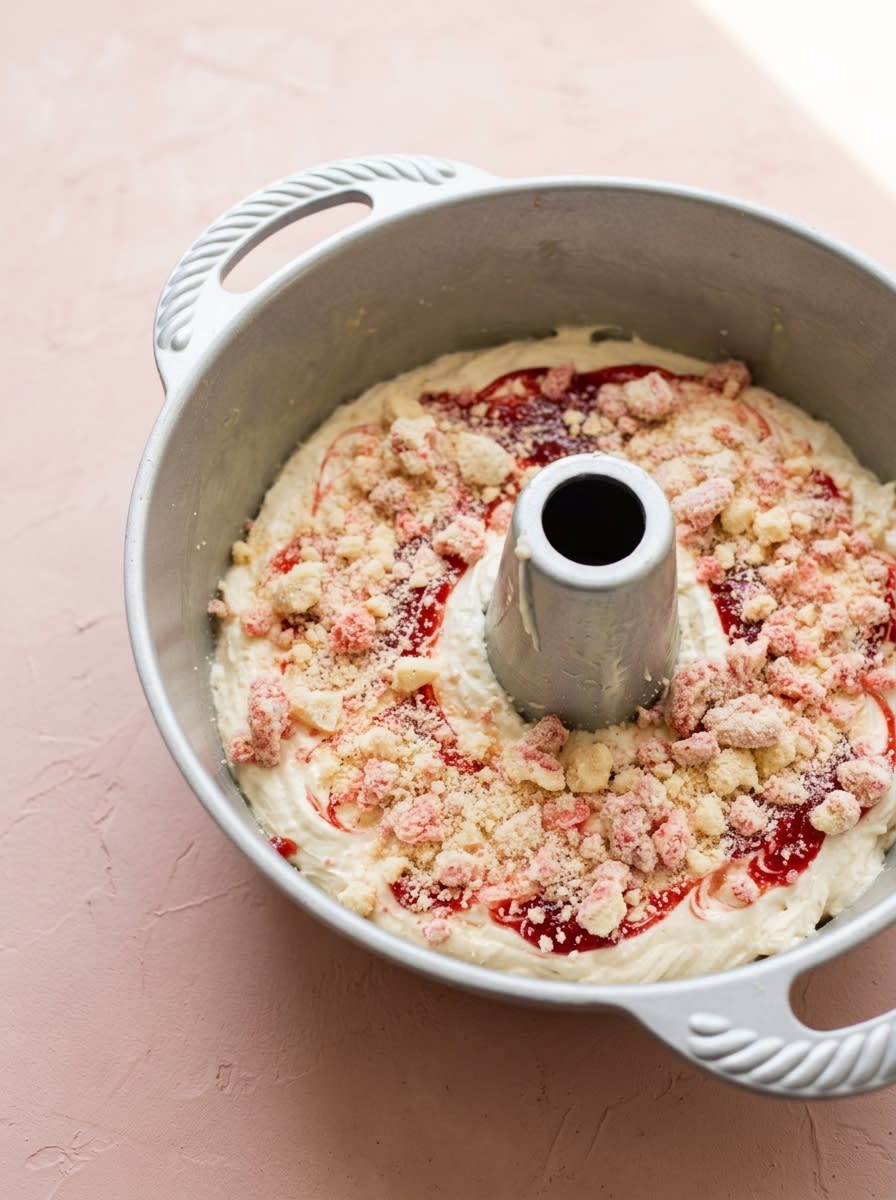 Cream Cheese Pound Cake with Strawberry Glaze 15 Monitoring the golden dome of a fresh Cream Cheese Pound Cake with Strawberry Glaze baking inside a hot oven.