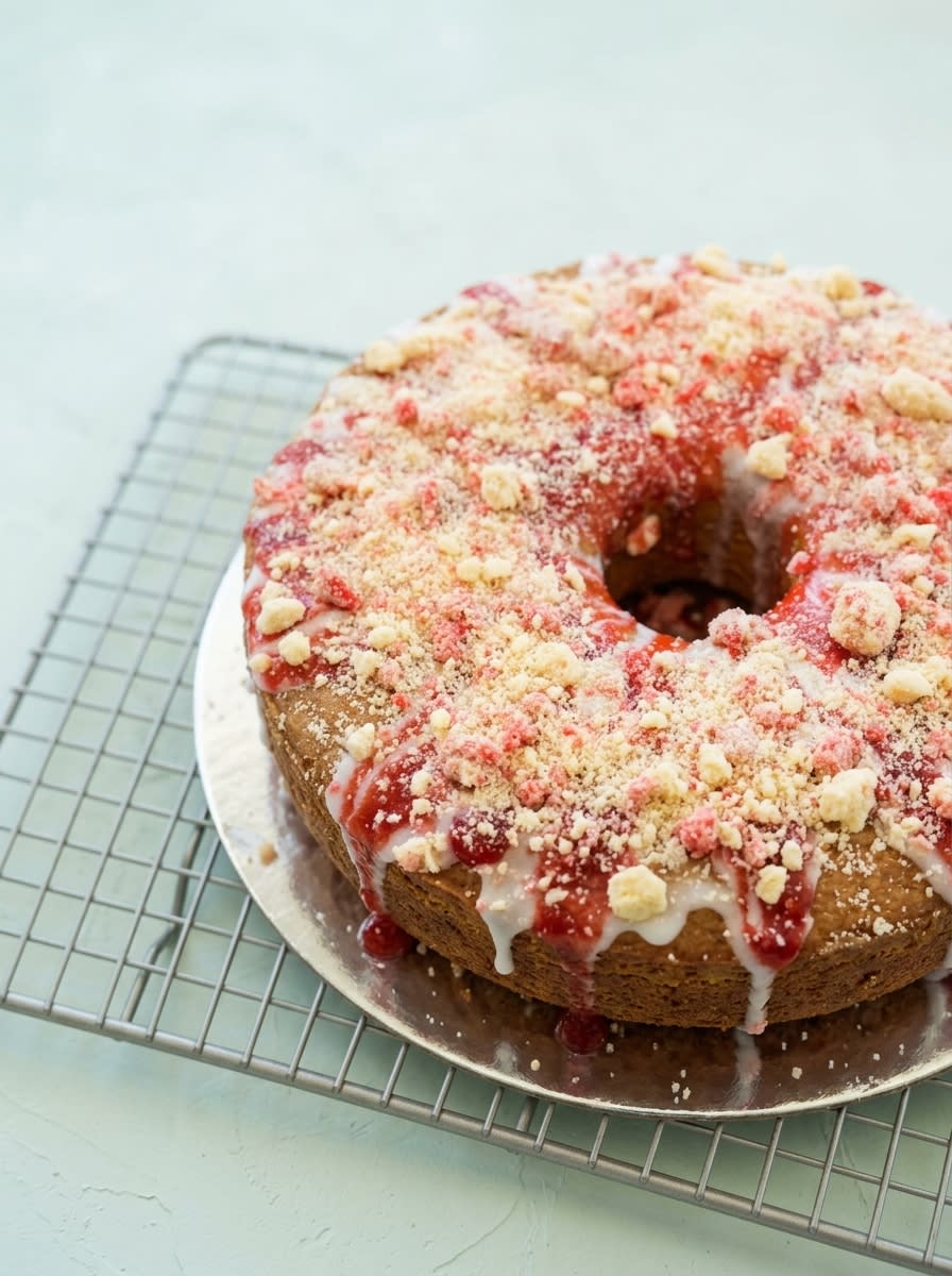 Cream Cheese Pound Cake with Strawberry Glaze 12 A beautiful Cream Cheese Pound Cake with Strawberry Glaze rests on a vintage cake stand, ready to slice.