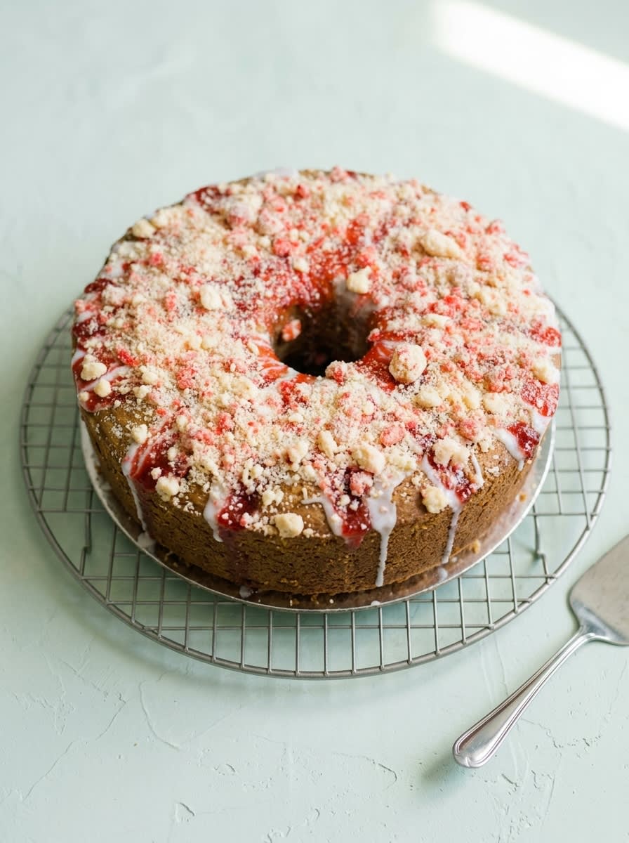 Cream Cheese Pound Cake with Strawberry Glaze 16 A clean cross-section of a sliced Cream Cheese Pound Cake with Strawberry Glaze shows its velvety crumb structure.