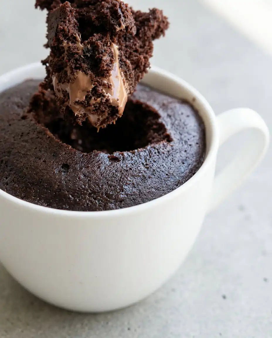 Nutella Mug Cake 12 A moist eggless Nutella Mug Cake resting on a dark slate board with warm steam rising.