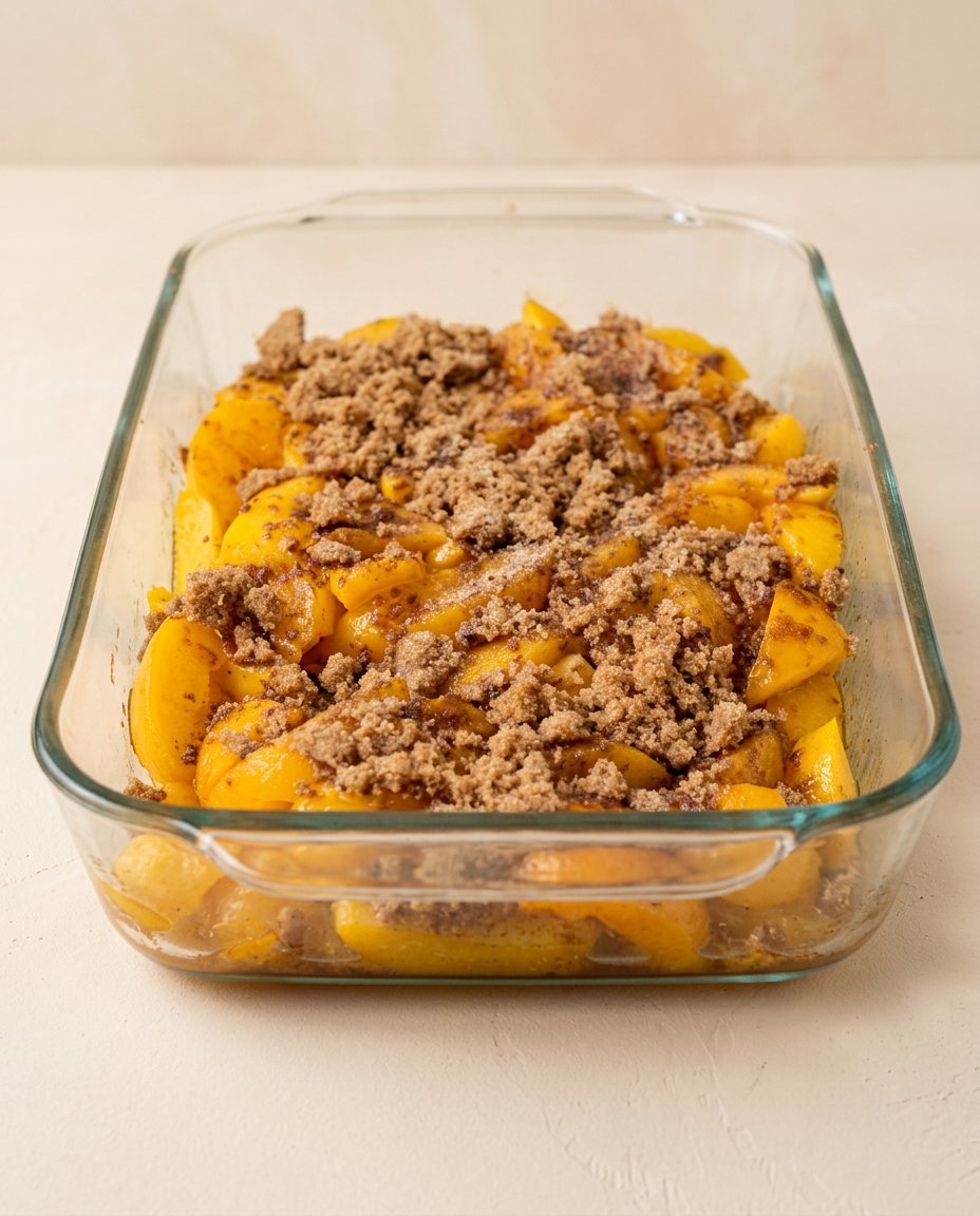 The beautifully crisp brown sugar and butter topping of a Cinnamon Canned Peach Dump Cake.