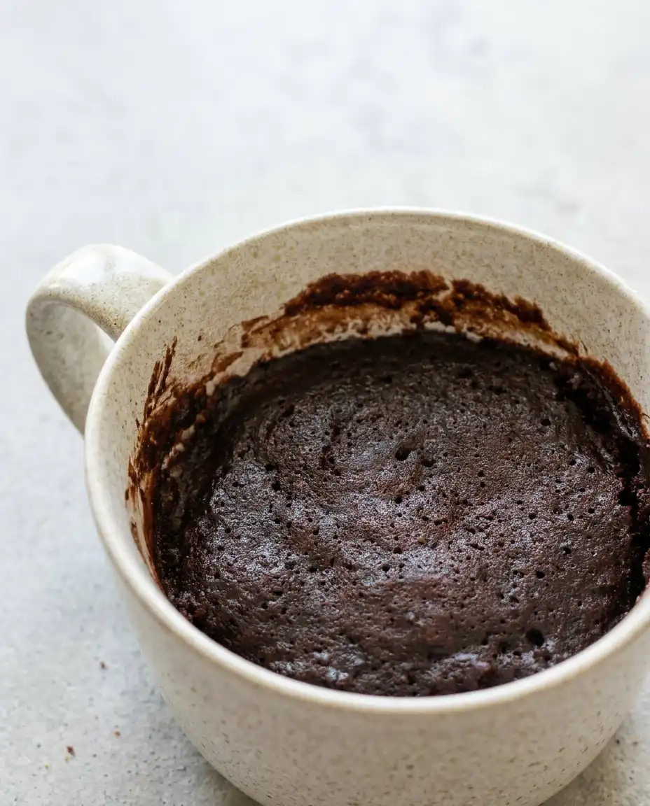 A Chocolate Mug Cake garnished with a quenelle of fresh whipped cream and a mint leaf.